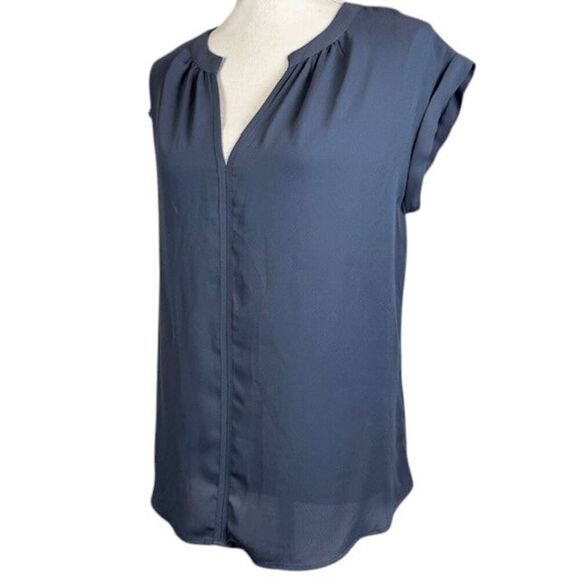 Philosophy Sheer Gauzy Slate Blue Cap Sleeve Blouse Pintuck V-Neck Size Small - Picture 1 of 9